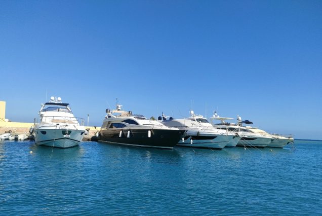 Mehrere weiße und schwarze Motoryachten liegen nebeneinander im klaren blauen Wasser unter wolkenlosem Himmel